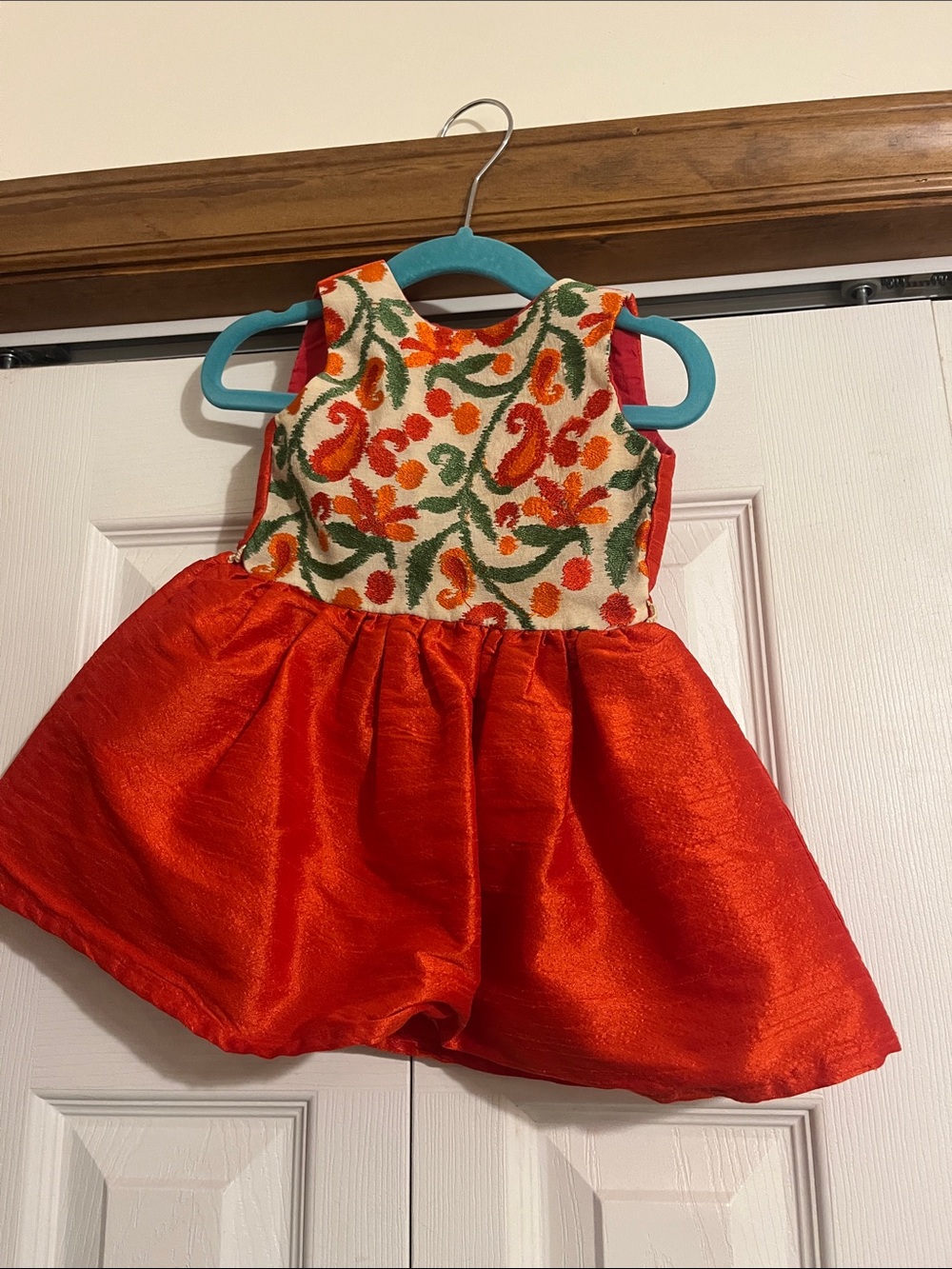Embroidered Floral Bodice Red Satin Dress